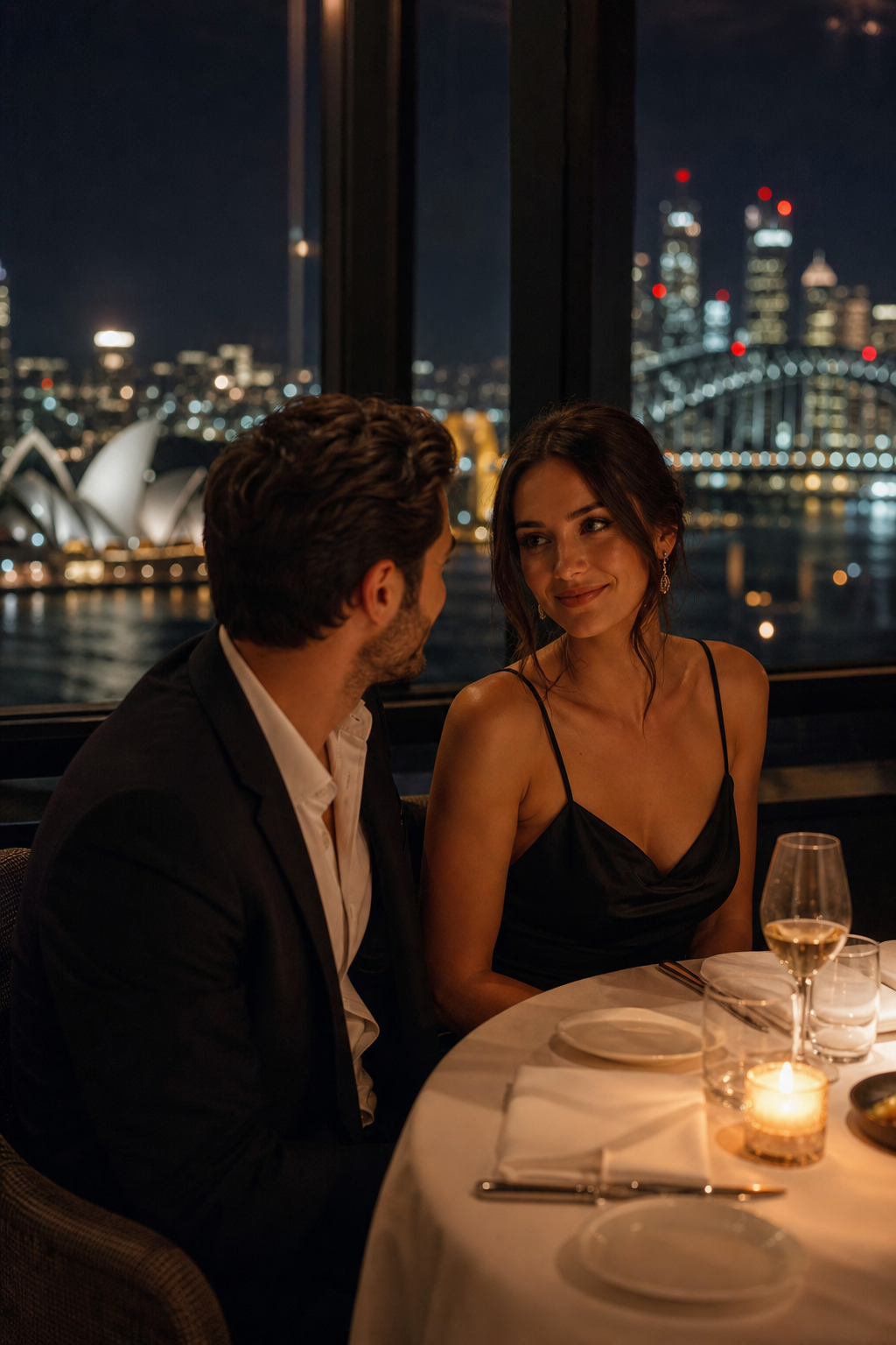 A photorealistic image of an elegantly dressed couple at a candlelit fine-dining restaurant in Sydney with floor-to-ceiling windows overlooking city lights at night, intimate and discreet atmosphere. Alt: Luxury dinner date escort companionship experience in Sydney CBD.