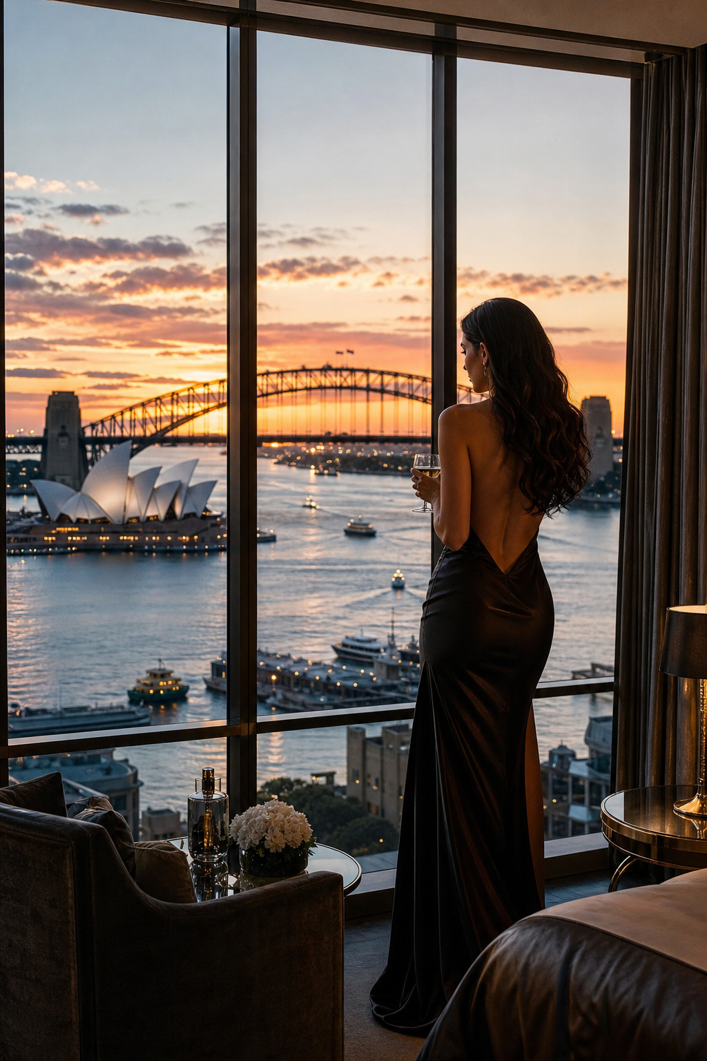 A photorealistic view of Sydney Harbour at sunset from a luxury hotel suite, with a glamorous woman in an evening gown standing by the window. Alt: High-class Sydney escort luxury hotel view.