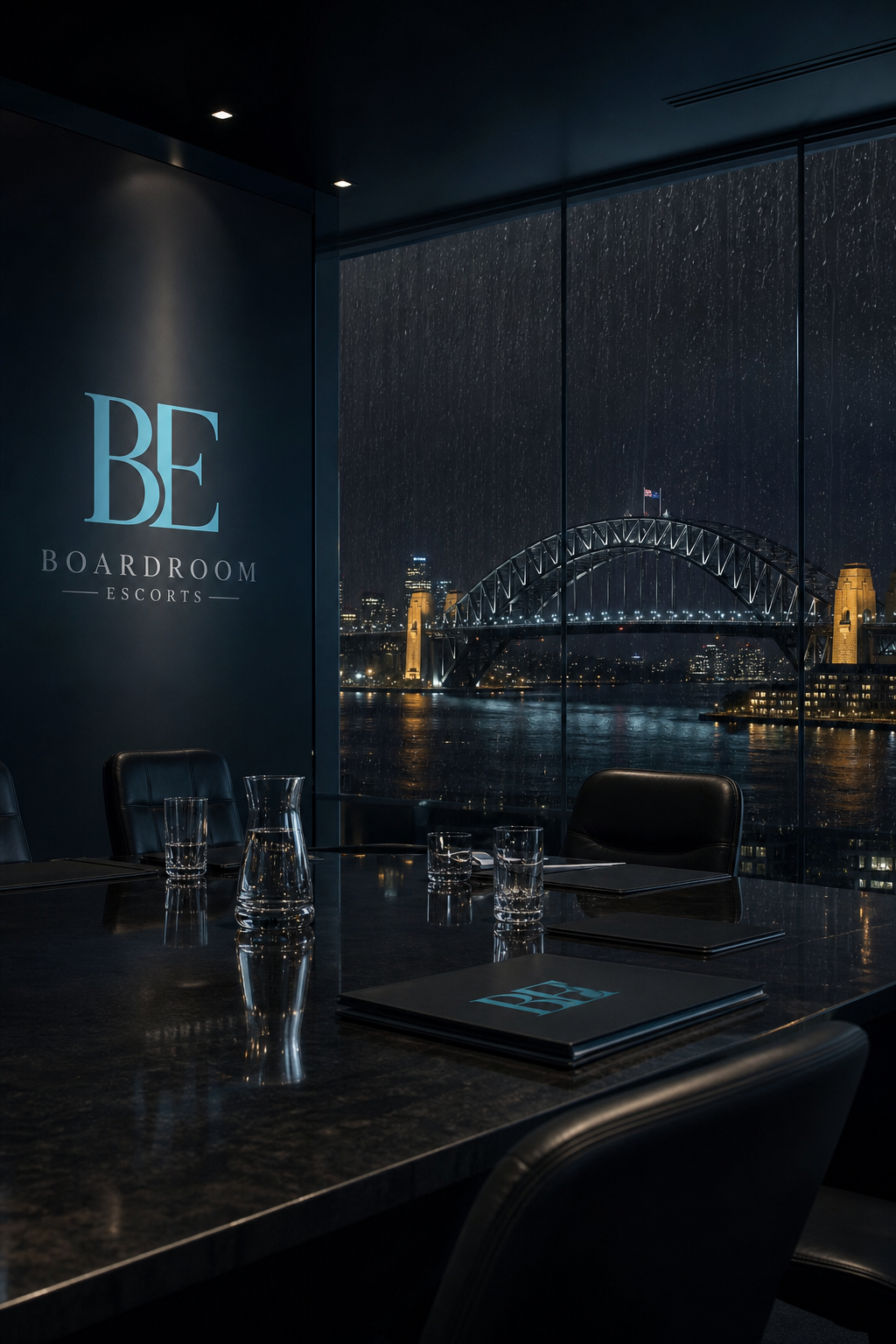 A blurred, moody shot of the Sydney Harbour Bridge lights at night seen through rain-streaked glass, suggesting secrecy. Alt: Discreet Sydney escort agency privacy concept.