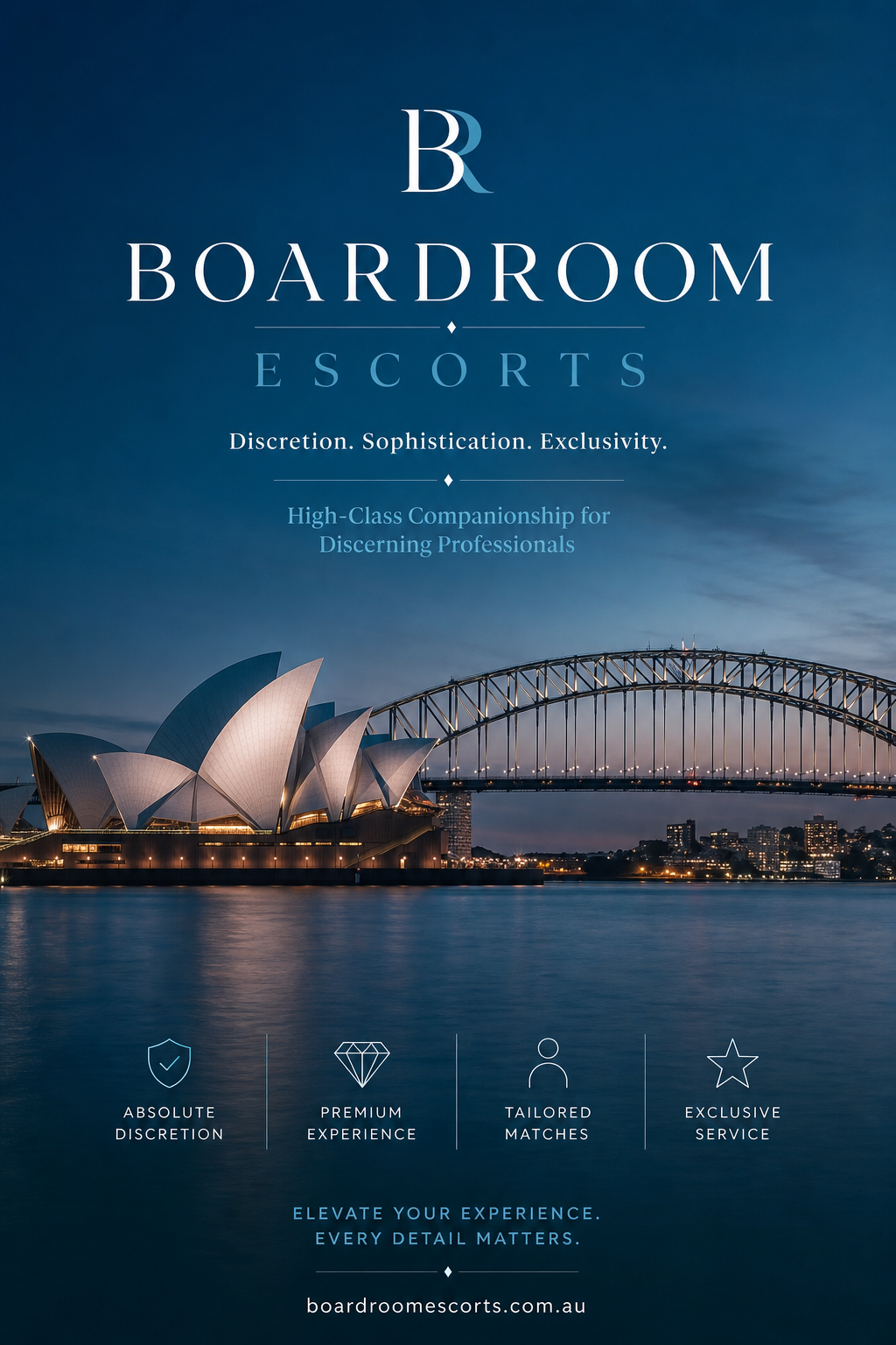 A photorealistic image of Sydney Harbour at twilight, with the Opera House and Harbour Bridge softly lit, conveying discretion and luxury. Alt: Sydney Harbour at dusk symbolising safe and discreet escort services.