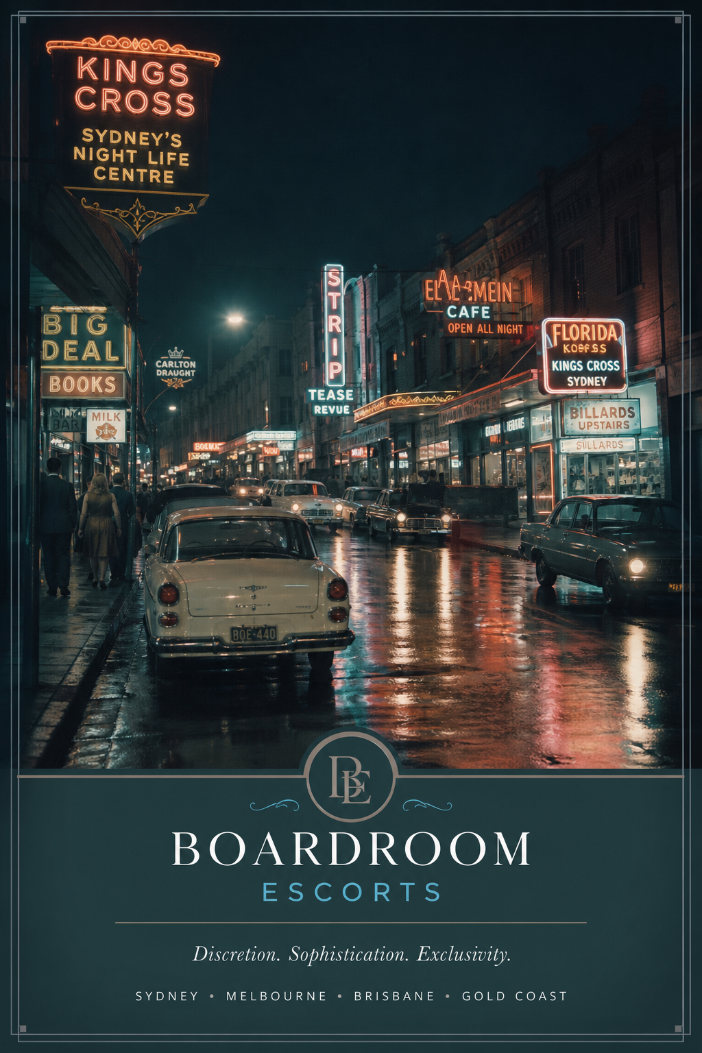 A vintage-style photo of Kings Cross in the 1960s, with neon signs and classic cars, capturing the old red-light district atmosphere. Alt: Historic Kings Cross red-light district in Sydney during its heyday.