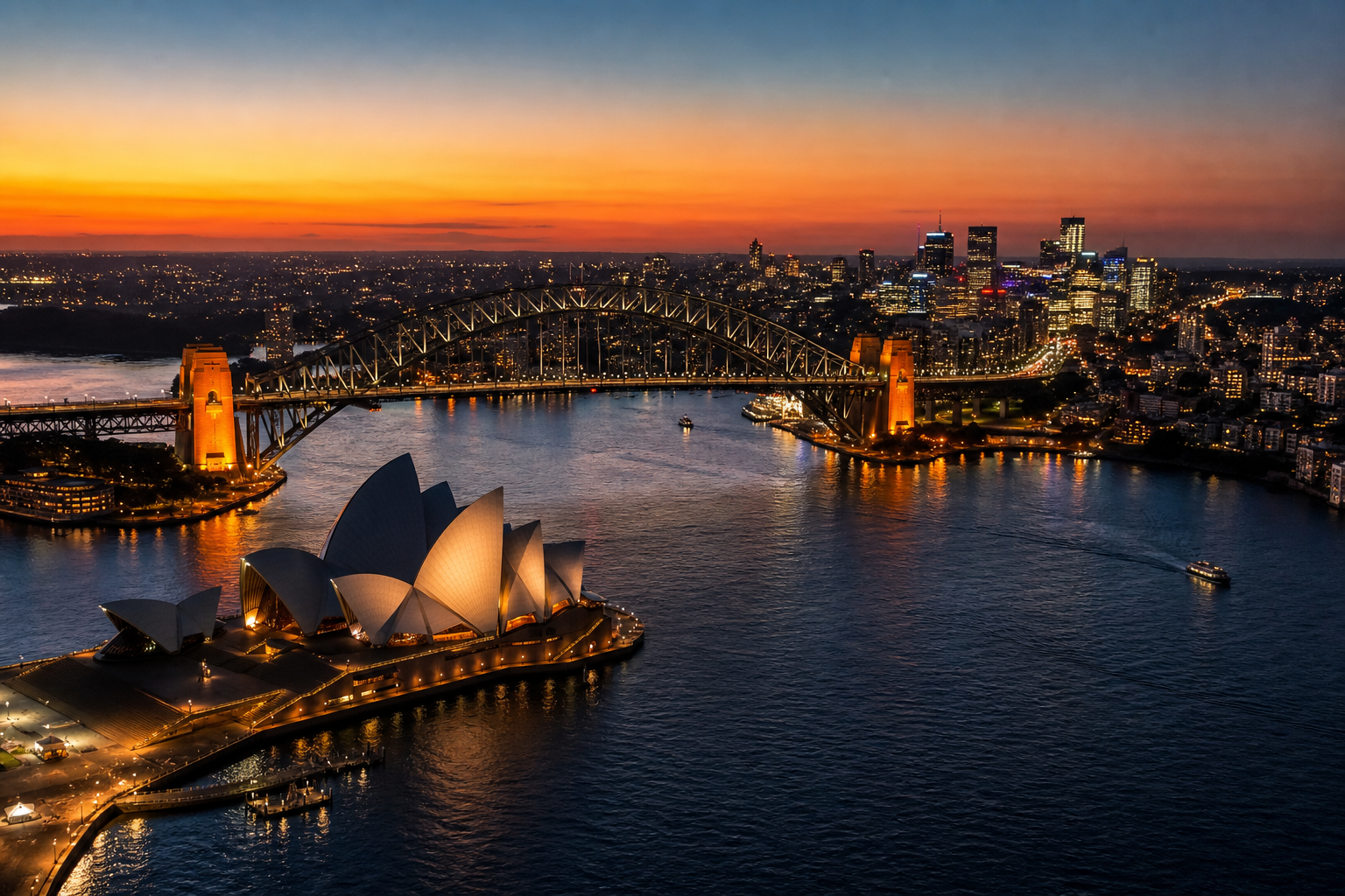 A photorealistic aerial view of Sydney Harbour at dusk, showing the Opera House and Harbour Bridge illuminated against a warm orange sky, with city lights reflecting on the water. The mood is sophisticated and private. Alt: Sydney Harbour at dusk, reflecting a discreet and luxurious city atmosphere for incall escort experiences.