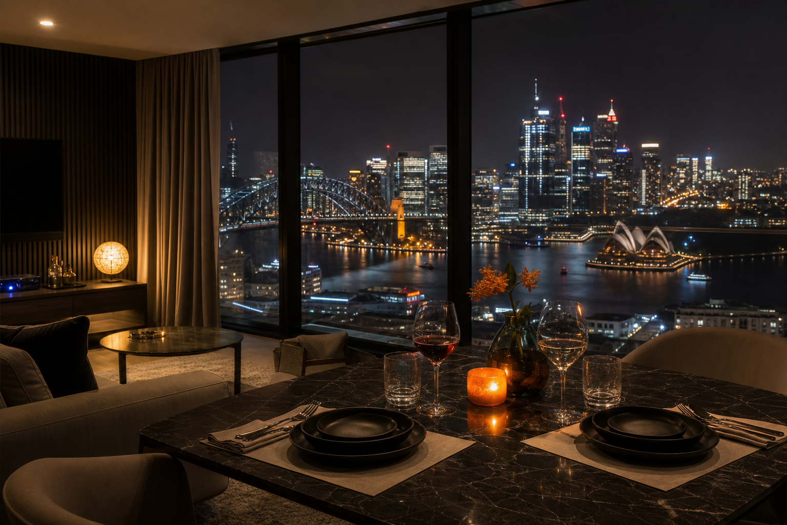 A photorealistic interior of a stylish, dimly lit luxury apartment in Sydney with floor-to-ceiling windows overlooking the city skyline at night, a tastefully set table with wine glasses, and soft ambient lighting. The scene feels intimate and private. Alt: Luxury Sydney incall apartment interior with city skyline view, representing a premium incall escort experience.
