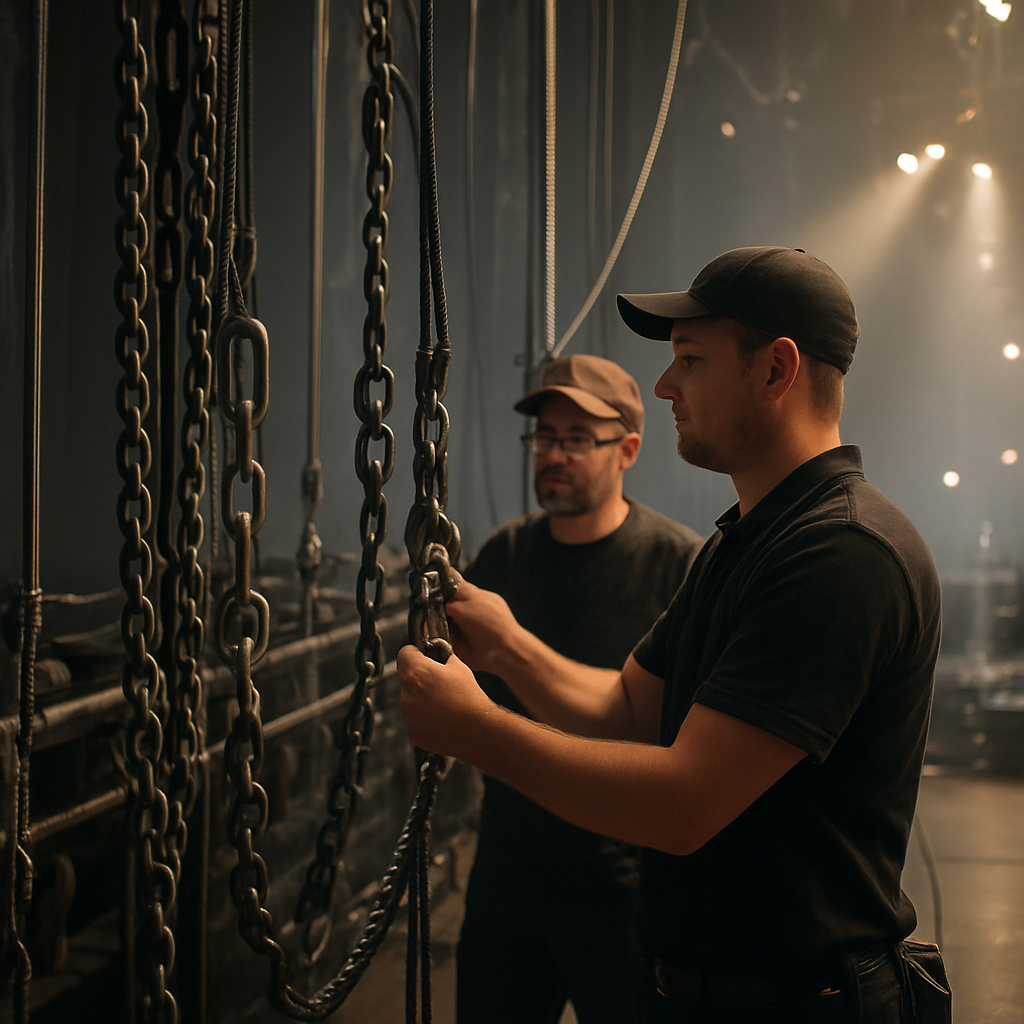 Une scène de concert vu de côté, avec des câbles de levage, des chaînes et des points d'ancrage clairement visibles, lumière douce sur le rigging, techniciens en train de vérifier les attaches. Alt: Sécurité rigging scène, inspection de câbles et chaînes