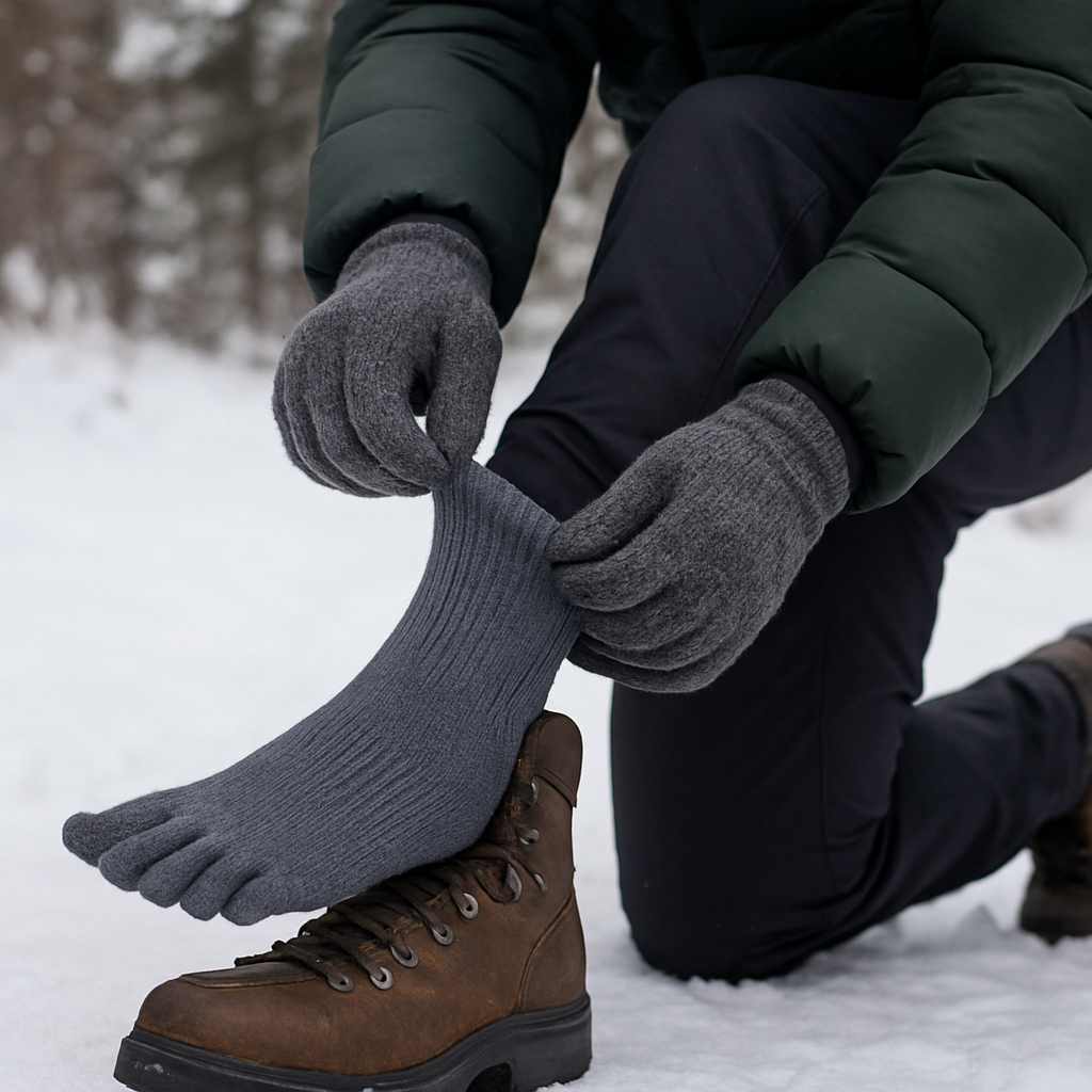 En person i vinterkläder som tar på sig tåstrumpor och stoppar in dem i en robust vandringskänga på en snötäckt stig. Alt: kombination av tåstrumpor herr med vinterkängor för optimal värme och grepp