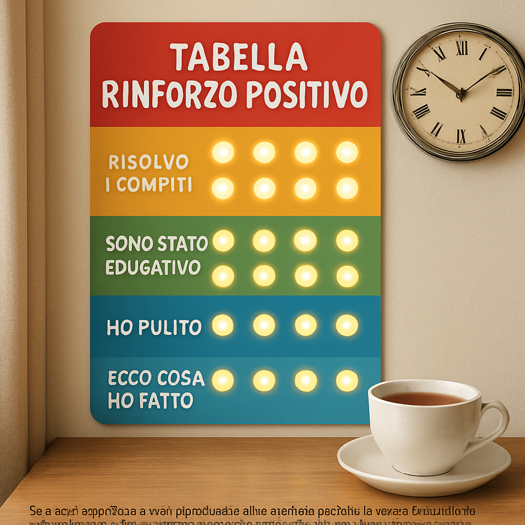 Un cartellone colorato con punti luminosi disposti in settima colonna, accanto a una tazza di tè e a un orologio a muro. Alt: tabella rinforzo positivo per bambini