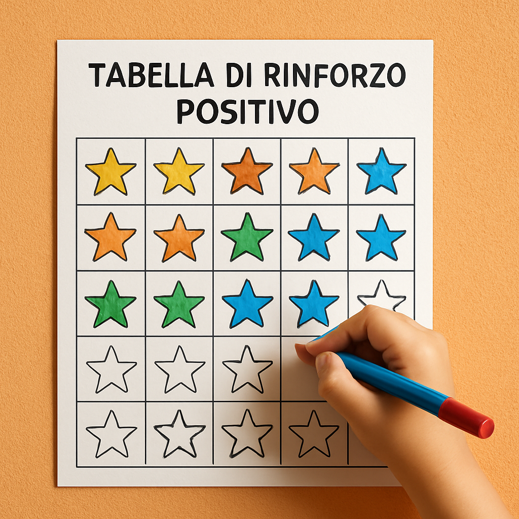 Una mano di bambino che colora con pennarelli le stelle su una tabella di rinforzo positivo disposta su una parete colorata. Alt: Tabella rinforzo positivo con stelle colorate.