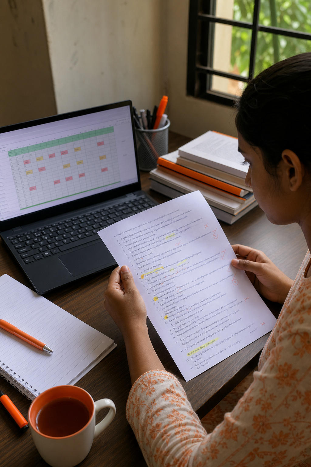 A realistic scene of a student reviewing a printed answer sheet with highlighted errors, a laptop showing a spreadsheet of performance metrics, and a cup of tea on the side. Alt: Detailed review of Tamil mock test answers
