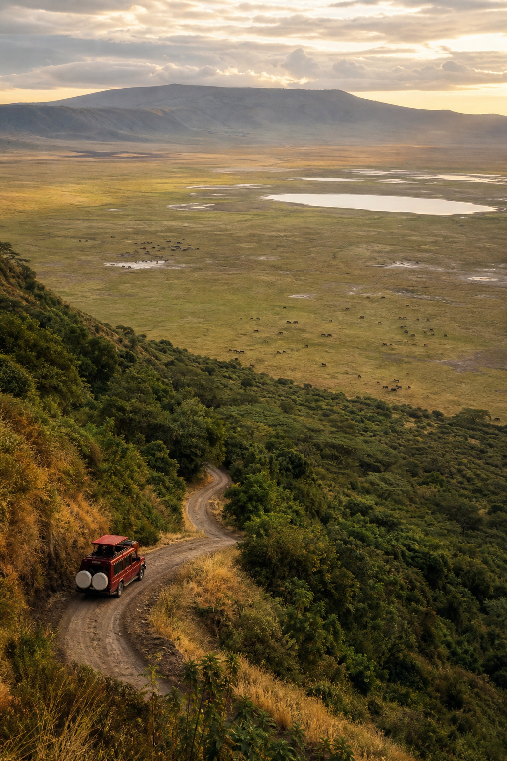 A photorealistic aerial-style view of the Ngorongoro Crater at golden hour, with wildlife visible on the crater floor and the crater rim in the foreground. Brand accent color #FF000D visible on a safari vehicle on the crater descent road. Alt: Ngorongoro Crater floor viewed from the rim during a 7-day Tanzania northern circuit safari.