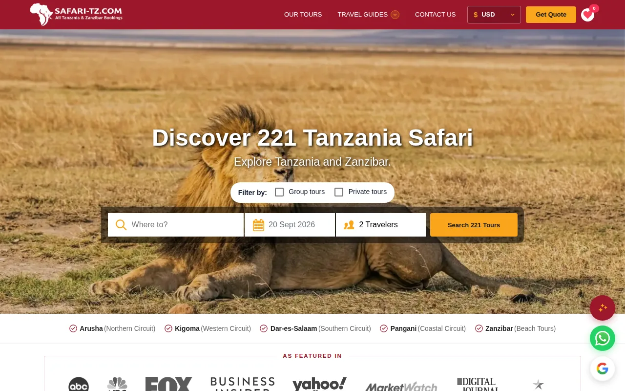Screenshot of the Safari-TZ.com website