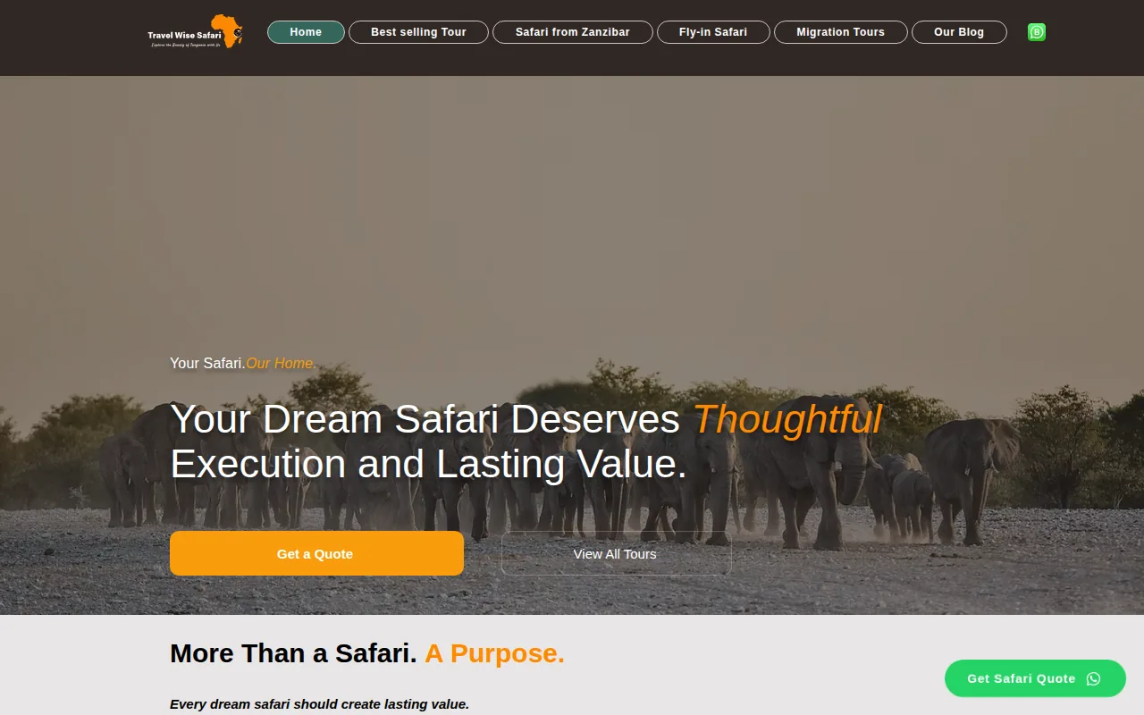 Screenshot of the Travel Wise Safari website
