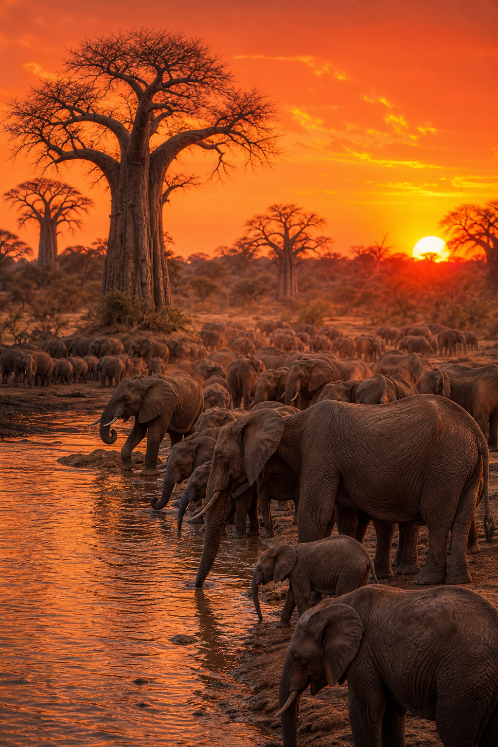 A massive herd of African elephants drinking from the Tarangire River at sunset, ancient baobab trees silhouetted against an orange sky in the background, authentic Tanzania wilderness, no text or logos. Alt: Giant elephant herd at Tarangire National Park Tanzania wildlife safari.