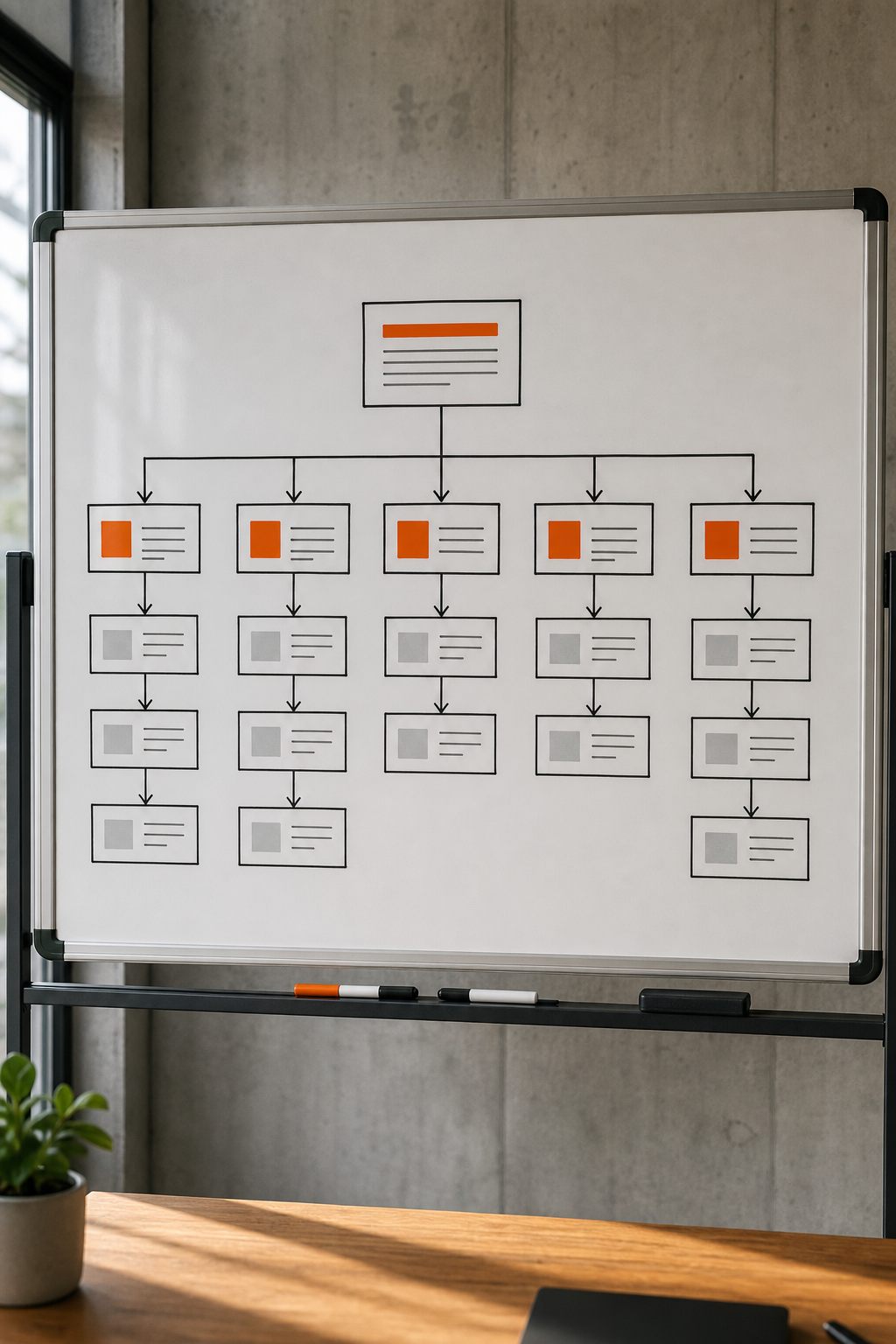 A realistic image of a sitemap diagram showing a flat website architecture with homepage, service pages, and blog pages. Alt: Website architecture diagram for B2B technical SEO.