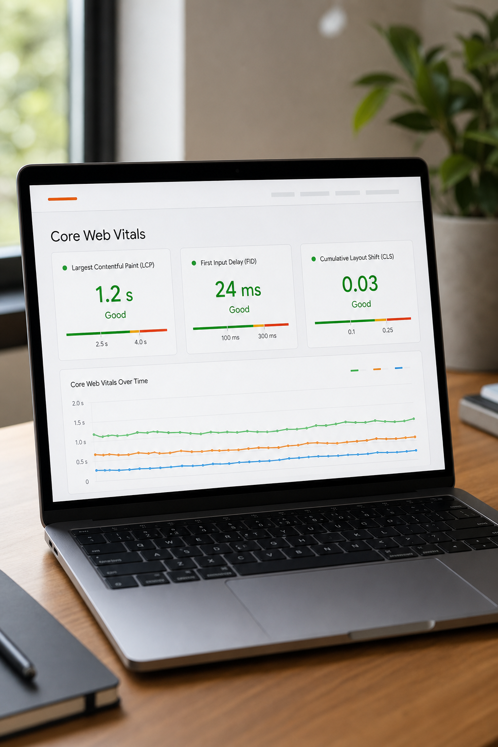 A realistic image of a dashboard showing Core Web Vitals metrics with green scores. Alt: Core Web Vitals dashboard with LCP, FID, CLS scores.