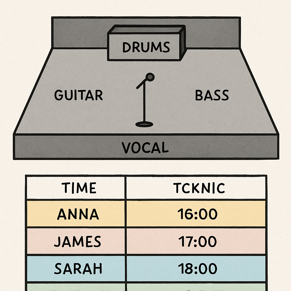 TECHNICIAN SCHEDULING : GUIDE COMPLET POUR OPTIMISER VOTRE PLANNING 1 A detailed 2D stage plan with technicians' names and time slots highlighted. Alt: planning des techniciens pour un concert.