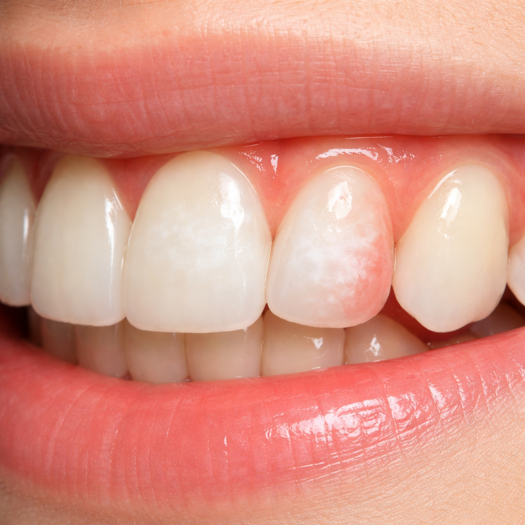 - The Dental Article A photorealistic close‑up of a smile showing a tooth with a faint white haze indicating temporary enamel porosity after whitening, alongside a gentle pink gum irritation area. Alt: teeth whitening side effects visual guide.