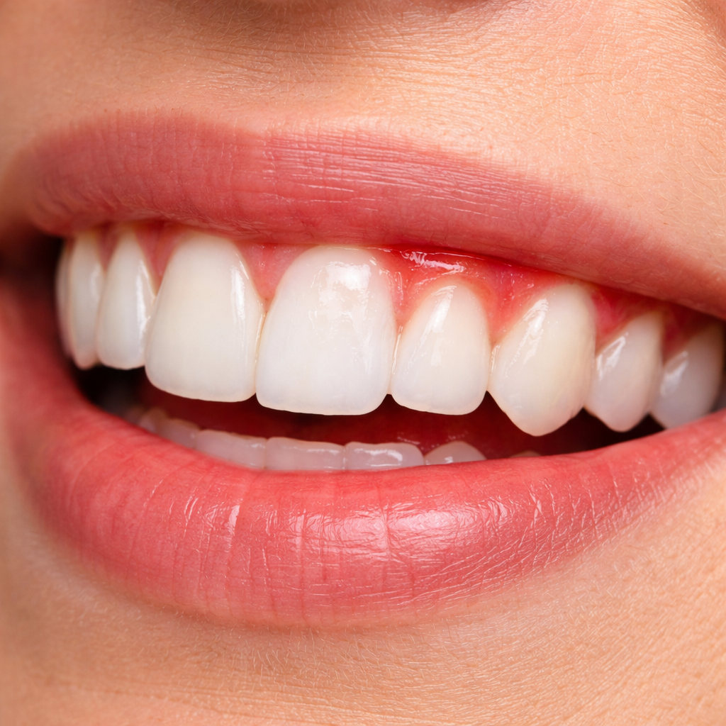 - The Dental Article A photorealistic close‑up of a smiling mouth showing one tooth with a faint white haze from bleaching and a pink gum line where gel touched, realistic lighting, clear focus on side effects of teeth whitening, Alt: teeth whitening side effects visual guide.