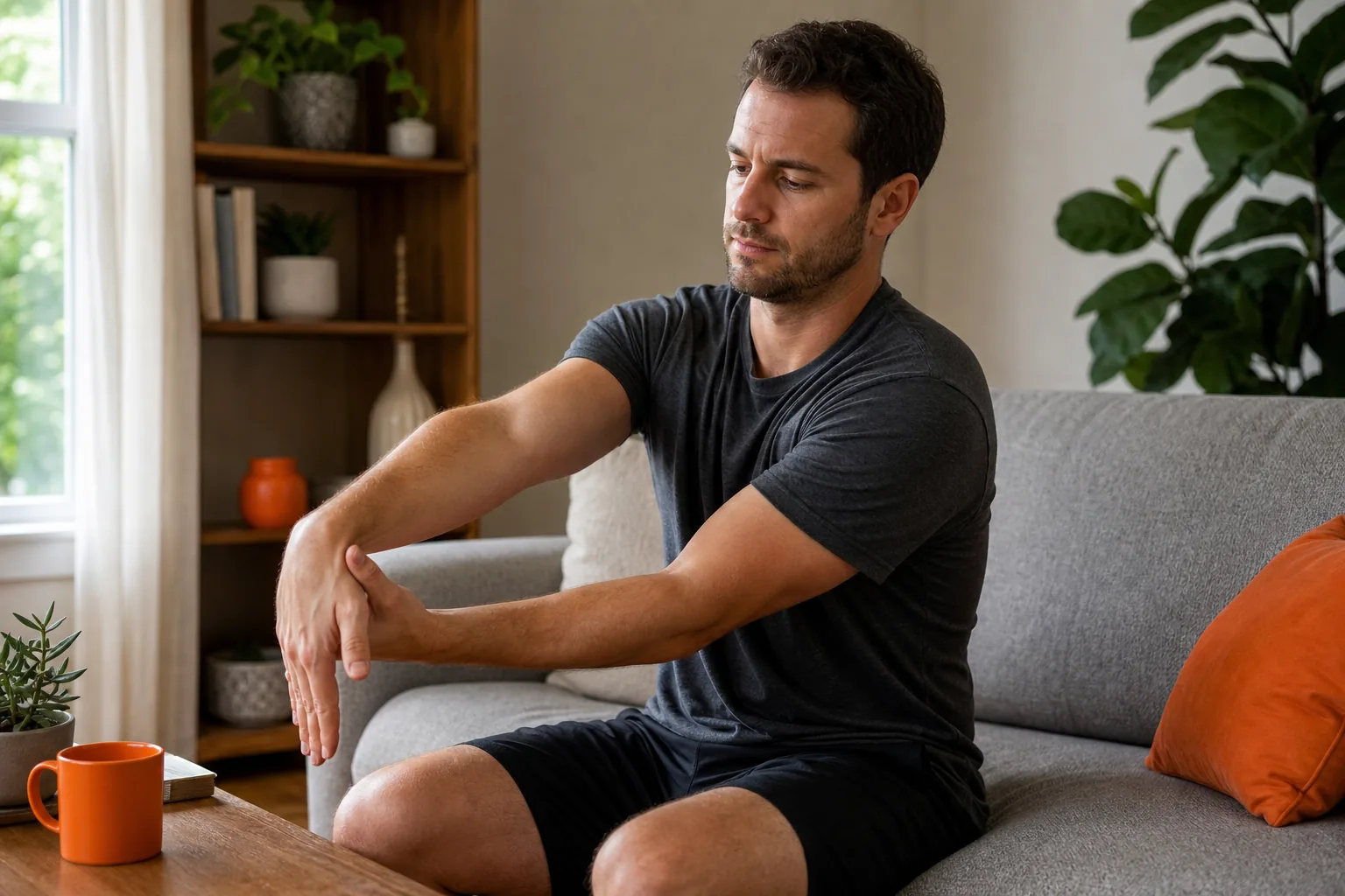 Gentle forearm extensor stretch for tennis elbow