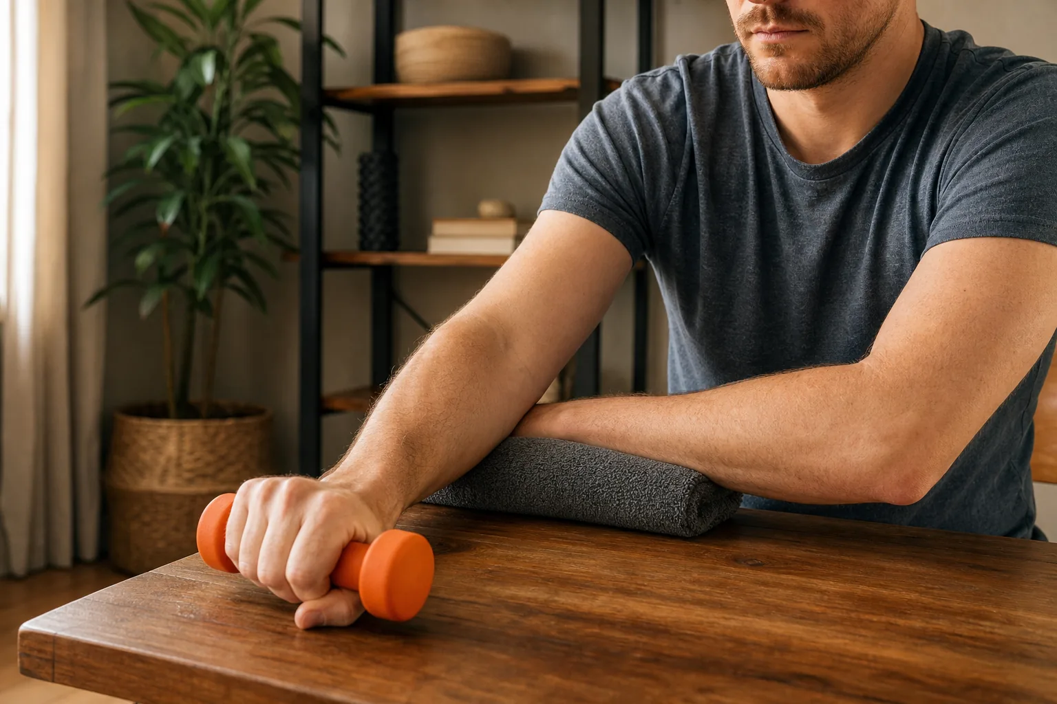 Slow eccentric wrist extension with a light weight for tennis elbow
