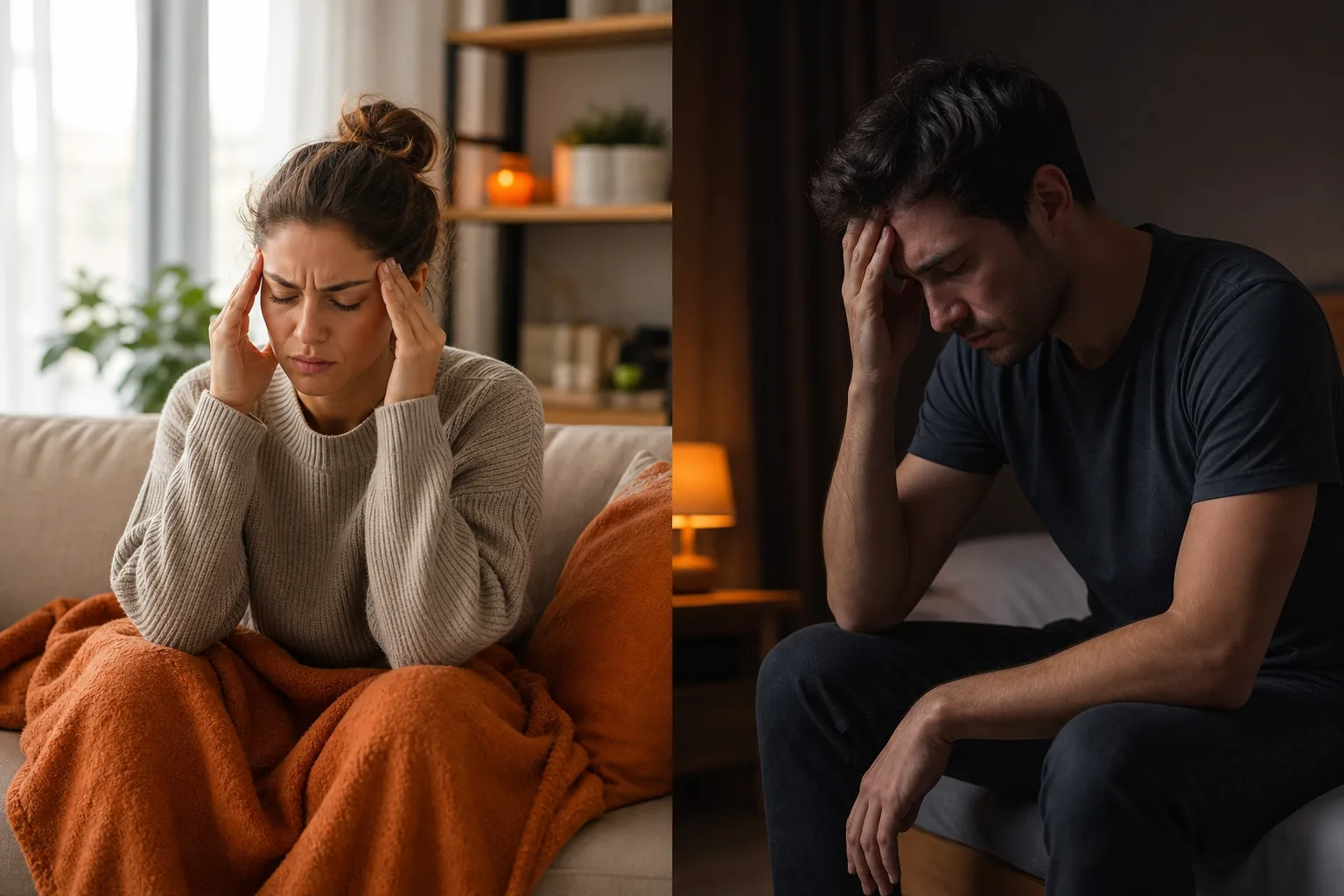 Visual comparison of tension headache and migraine symptoms.