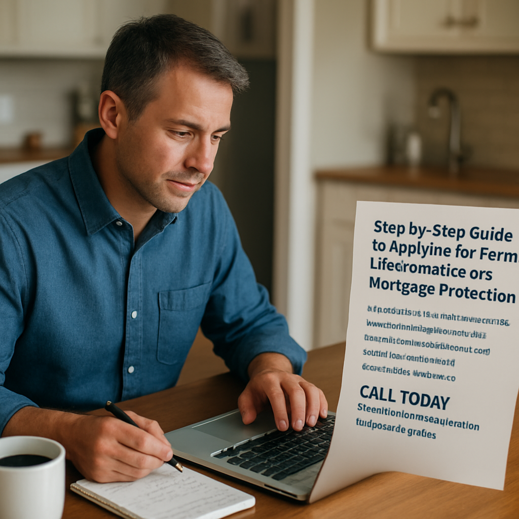 A homeowner sitting at a kitchen table with a laptop open to a mortgage statement, a coffee mug nearby, and a notepad with numbers. Alt: Step-by-step guide to applying for term life insurance for mortgage protection.