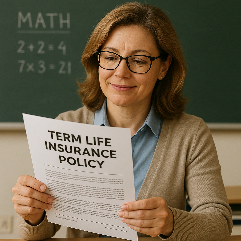 A classroom teacher reviewing a term life insurance policy document, looking reassured. Alt: Term life insurance for teachers concept showing a confident teacher with policy paperwork.
