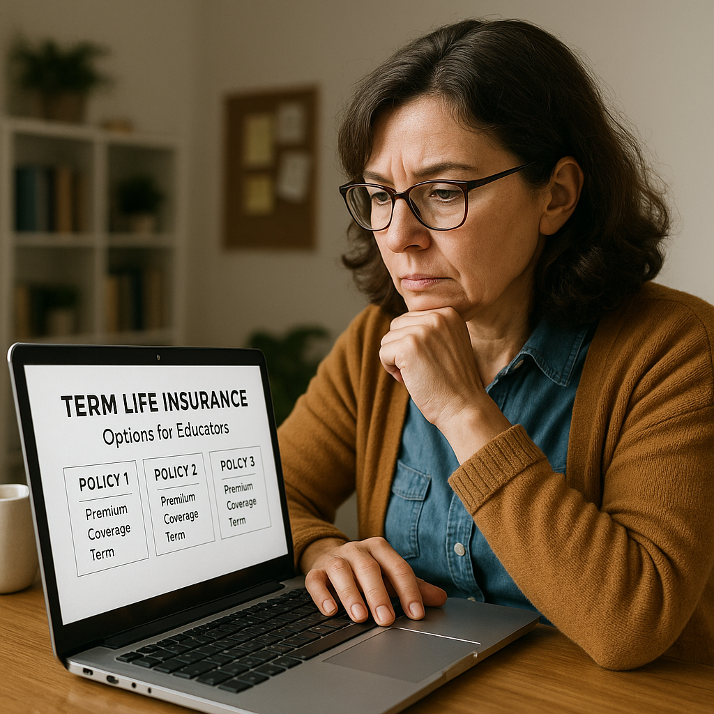 A teacher sitting at home carefully comparing term life insurance policies on a laptop. Alt: Teacher reviewing term life insurance options tailored for educators.