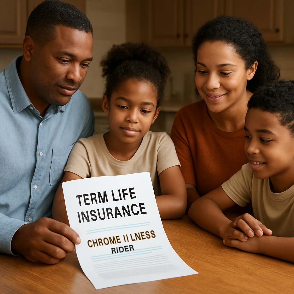 A comforting scene of a family gathered around a kitchen table, reviewing a life insurance policy with a chronic illness rider highlighted. Alt: