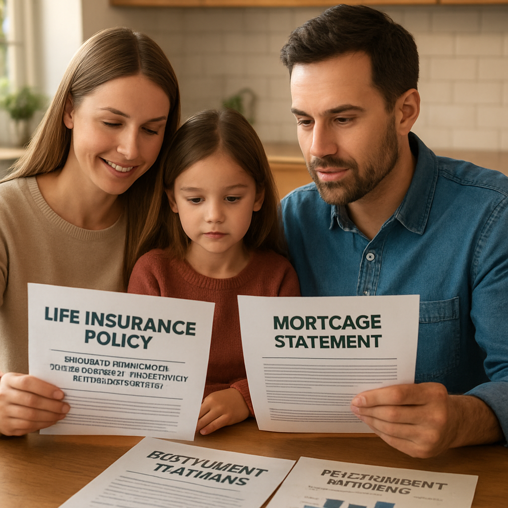 A warm kitchen table with a family reviewing insurance paperwork, showing a life insurance policy, a mortgage statement, and a retirement savings chart. Alt: term life insurance with chronic illness rider integrated with IUL, mortgage protection, and retirement planning.