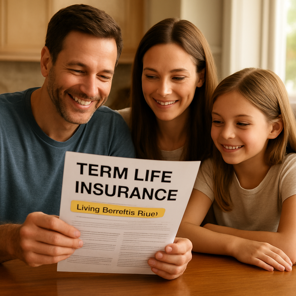 A photorealistic image of a family reviewing a term life insurance document with a living‑benefits rider highlighted, sitting at a kitchen table, warm natural lighting, showing peace of mind. Alt: term life insurance with living benefits family review scene.