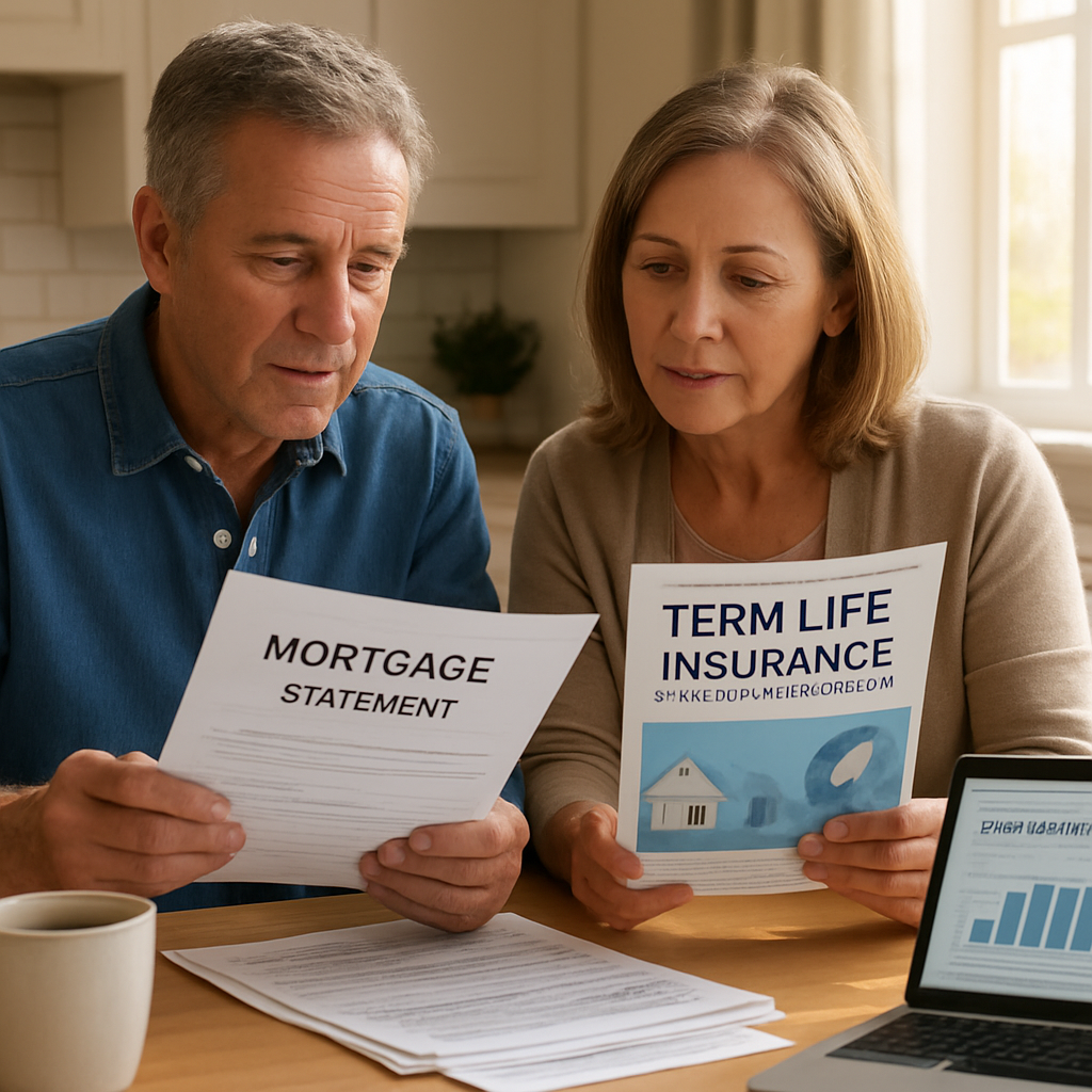 A photorealistic scene of a middle‑aged couple sitting at a kitchen table, reviewing mortgage statements and a term life insurance brochure with a living‑benefit rider highlighted. Sunlight streams through a window, a laptop shows a retirement calculator, and a coffee mug sits beside a stack of paperwork. Alt: term life insurance with living benefits helping homeowners protect mortgage and retirement.