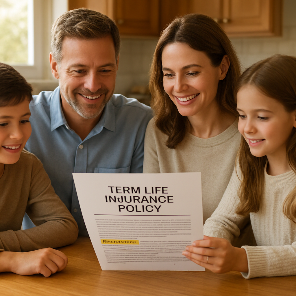 A photorealistic scene of a family gathered around a kitchen table, reviewing a term life insurance policy document with a highlighted section about living benefits, warm natural lighting, showing a sense of security and planning.