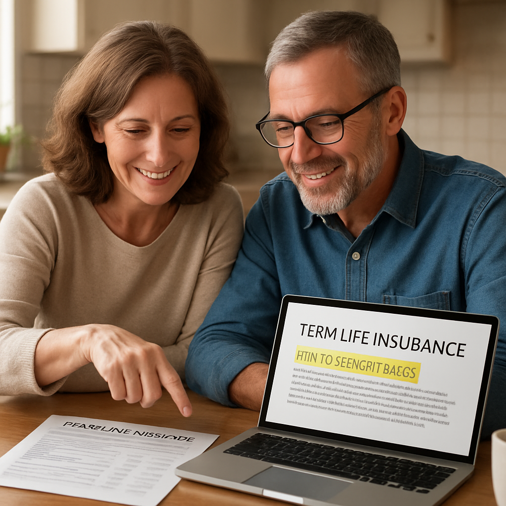 A photorealistic scene of a middle‑aged couple sitting at a kitchen table, reviewing mortgage statements and a term life insurance policy document on a laptop, with a soft natural light spilling onto the table. The couple looks relieved as they point to a highlighted living‑benefit rider clause. Alt: term life insurance with living benefits helping homeowners protect mortgage and plan retirement.