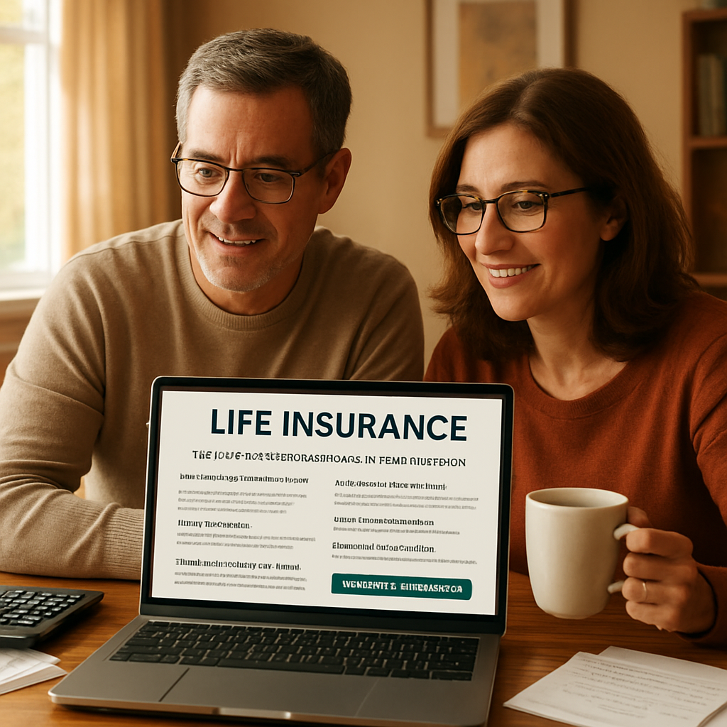 A warm, sun‑lit home office where a middle‑aged couple reviews a life‑insurance policy with a laptop and coffee, a stack of bills and a calculator nearby. Alt: term life insurance with long term care rider integrated into a family’s financial plan.