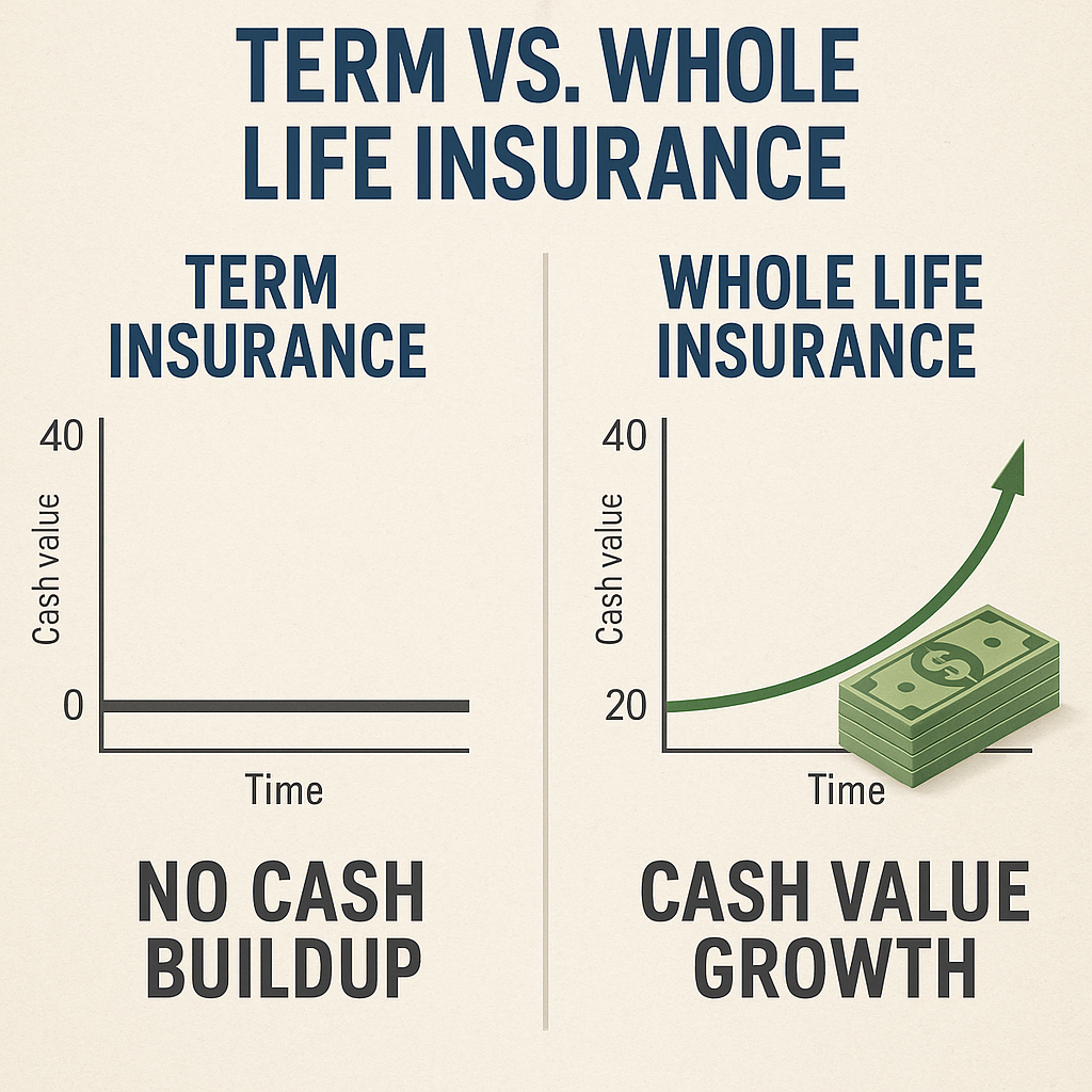 An infographic comparing growth of cash value in whole life insurance vs no cash buildup in term insurance. Alt: Term vs whole life insurance comparison showing cash value growth in whole life policies.