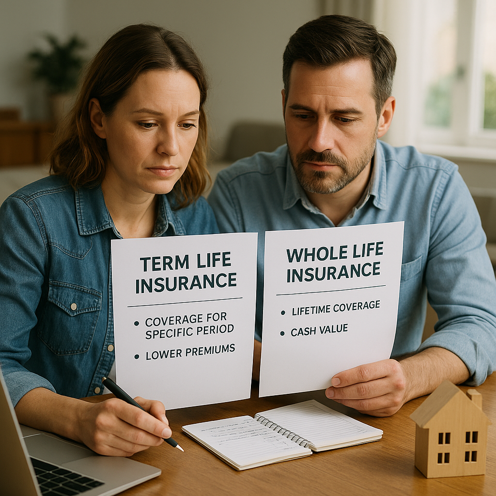 Family planning finances with term vs whole life insurance policies visible. Alt: Term vs whole life insurance comparison for families planning mortgage protection and retirement.