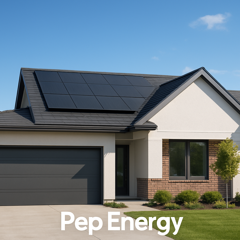 A modern suburban home with Tesla solar panels seamlessly integrated into the roof, showing the sleek black tiles and a clear blue sky. Alt: Tesla solar panels integrated roof aesthetic