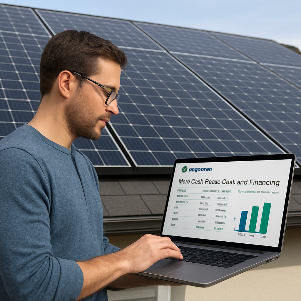 A homeowner reviewing a cost‑analysis spreadsheet on a laptop while standing beneath a roof of Tesla solar panels. Alt: Tesla solar panels cost and financing illustration.