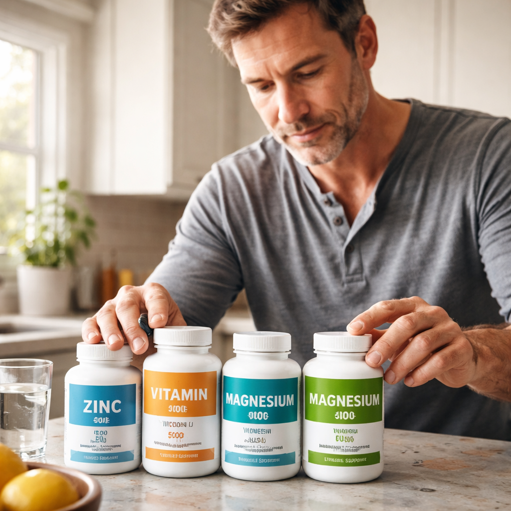 A photorealistic scene of a middle‑aged man on a kitchen counter arranging supplement bottles labeled with zinc, vitamin D, magnesium, and ashwagandha, soft natural lighting, realistic texture, focus on the supplement labels, realism style. Alt: Testosterone booster supplement review 2026 visual guide.