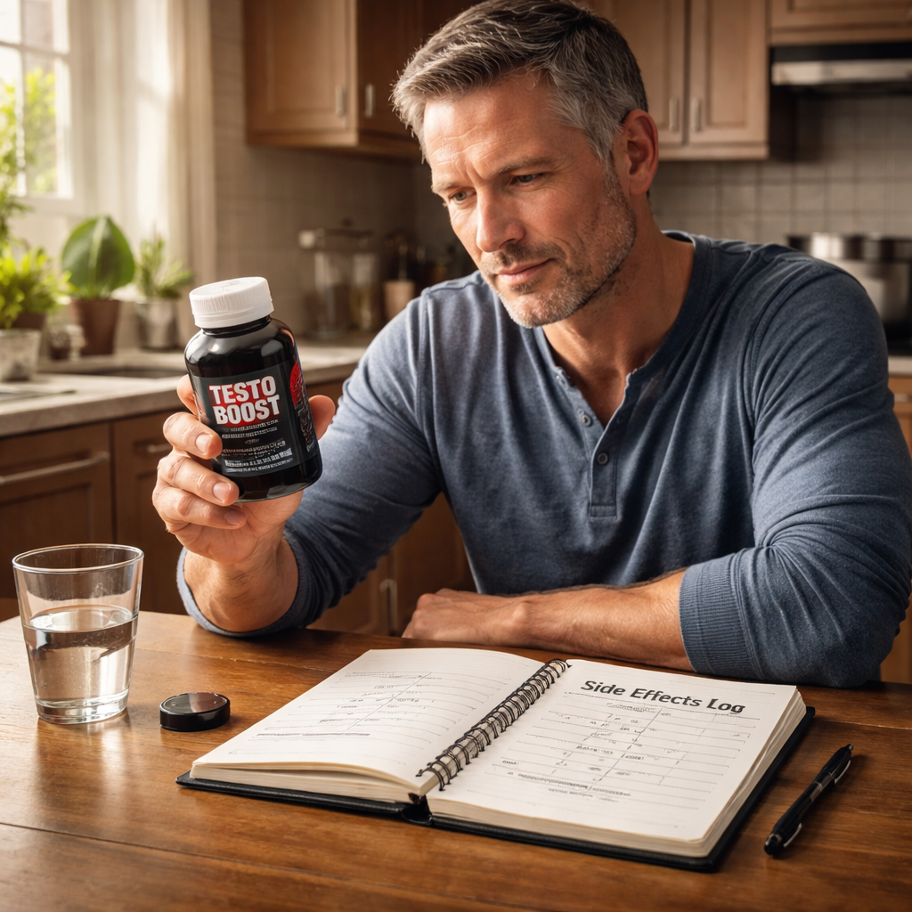 A photorealistic scene of a middle‑aged man sitting at a kitchen table, holding a bottle of testosterone support supplement, with a notebook open to a simple side‑effect log. Light from a window highlights the bottle and the notebook. Alt: testosterone booster supplement reviews 2024 side effects tracking.
