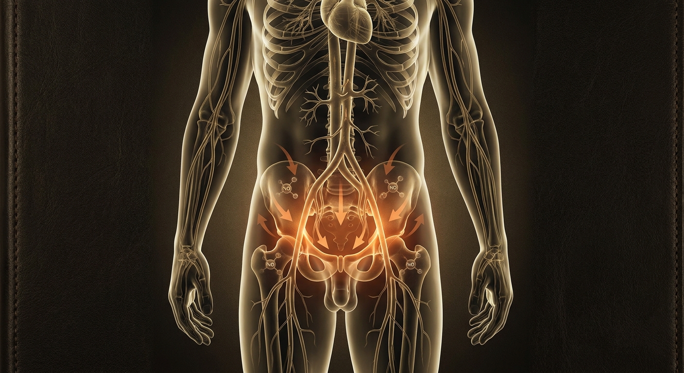A photorealistic illustration of a man’s circulatory system highlighting increased blood flow to the pelvic region, with subtle arrows indicating nitric‑oxide activity. Alt: blood flow illustration for male performance