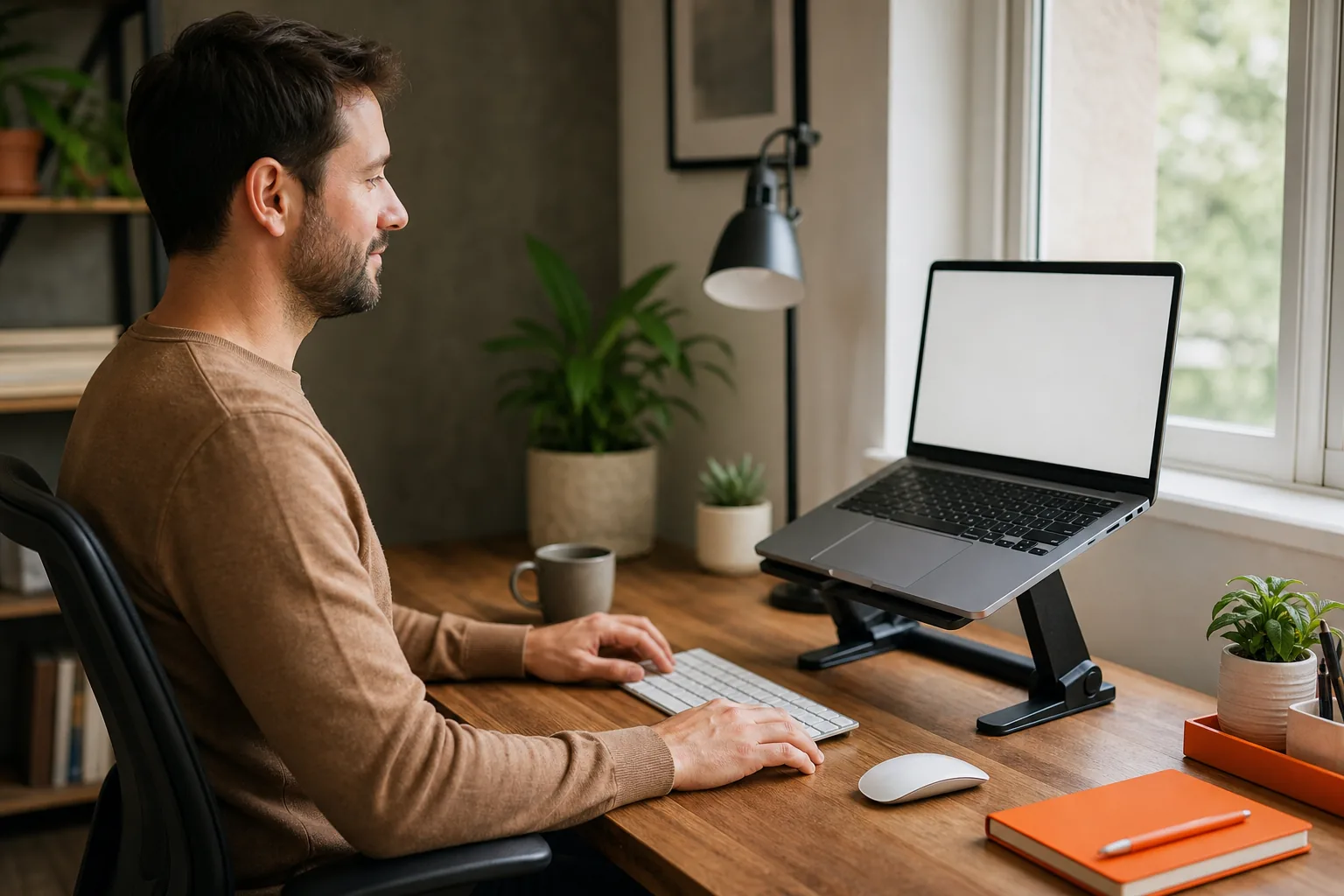 Person adjusting laptop height to support a comfortable neck position.