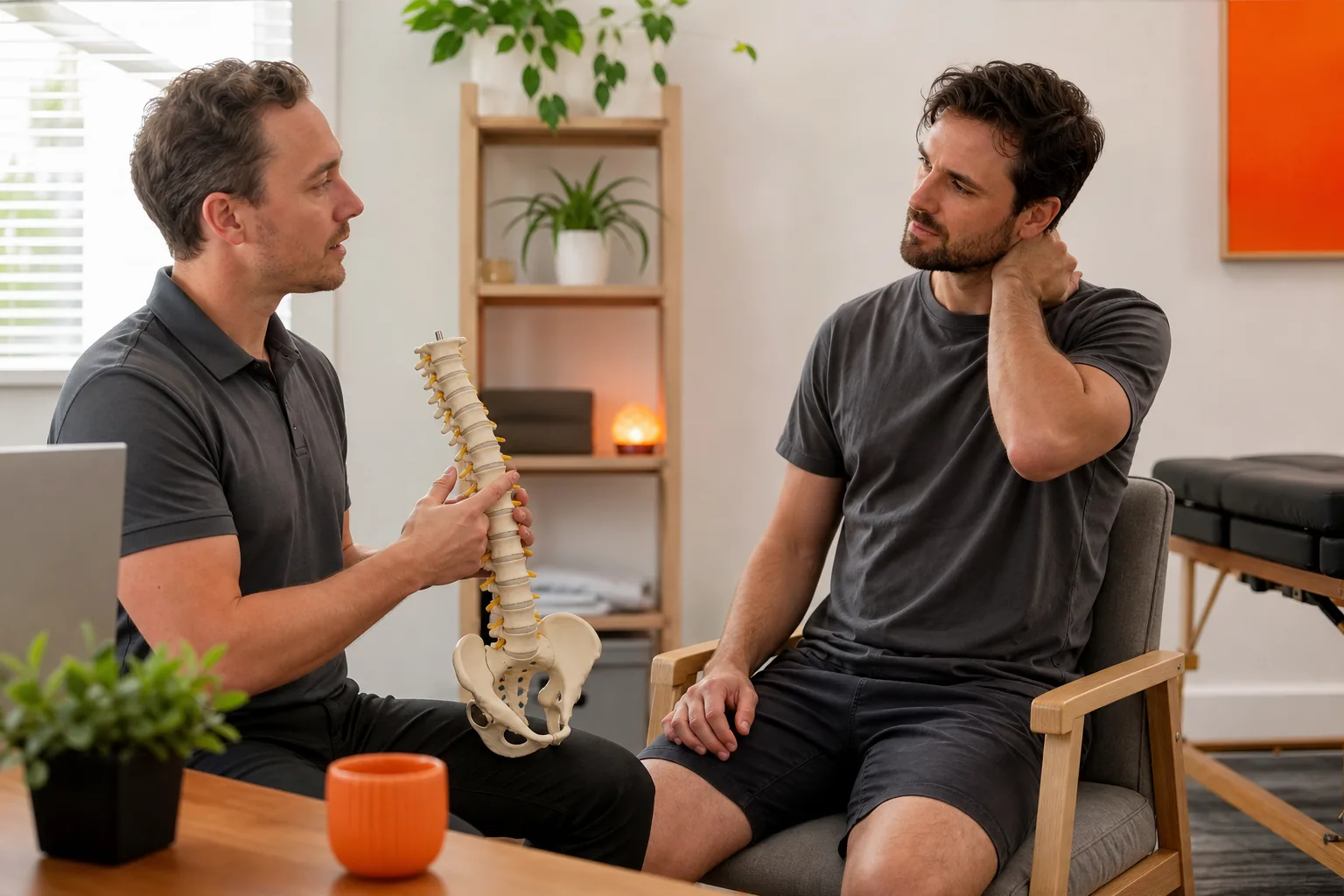Patient discussing neck symptoms and posture during a chiropractic assessment in Ascot Vale.