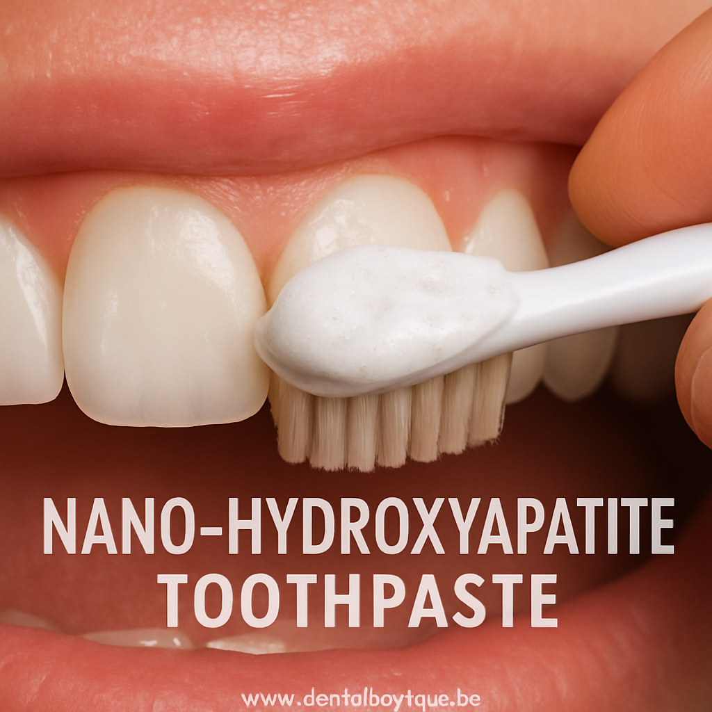 A close‑up of a bright, healthy tooth surface with a nano‑hydroxyapatite paste being applied by a hand holding a soft‑bristle toothbrush. Alt: Hydroxyapatite toothpaste in use on a tooth.