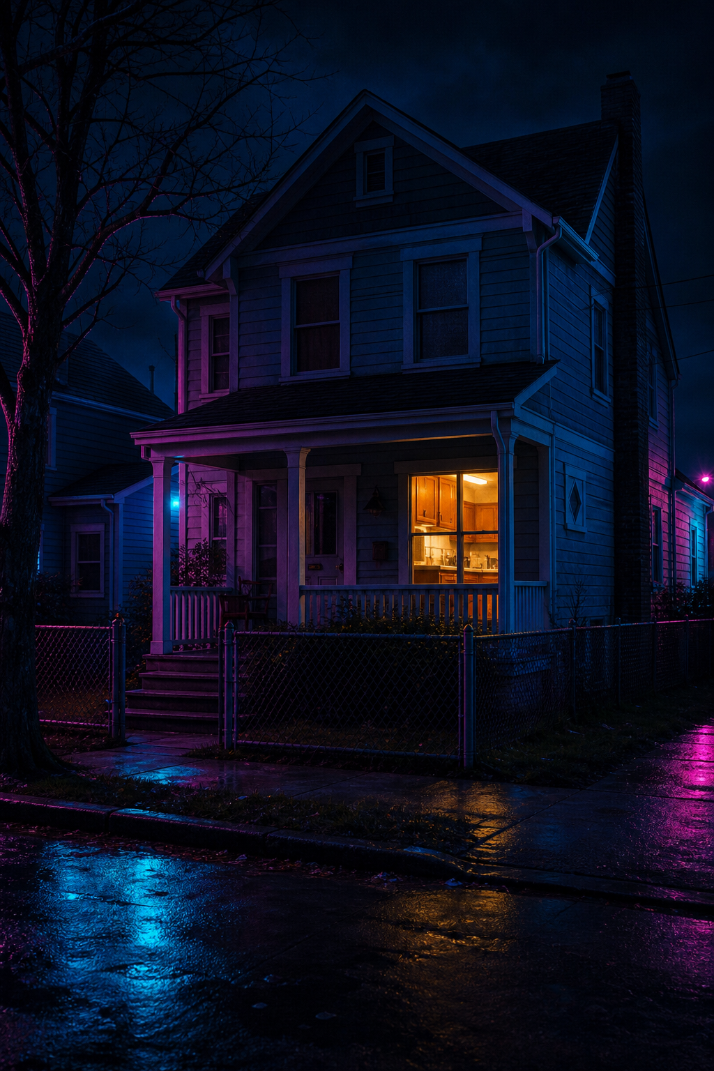 A surreal, foggy forest at night with a red-curtained lodge entrance, twin peaks mountains in the background. The style is neon noir with deep reds and blues. Alt: Surreal Twin Peaks revival scene with lodge and fog.