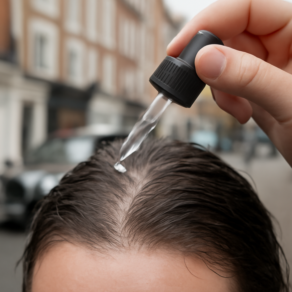 A close‑up of a dropper dispensing revitalising caffeine serum onto a damp scalp. Alt: Revitalising caffeine serum for hair growth