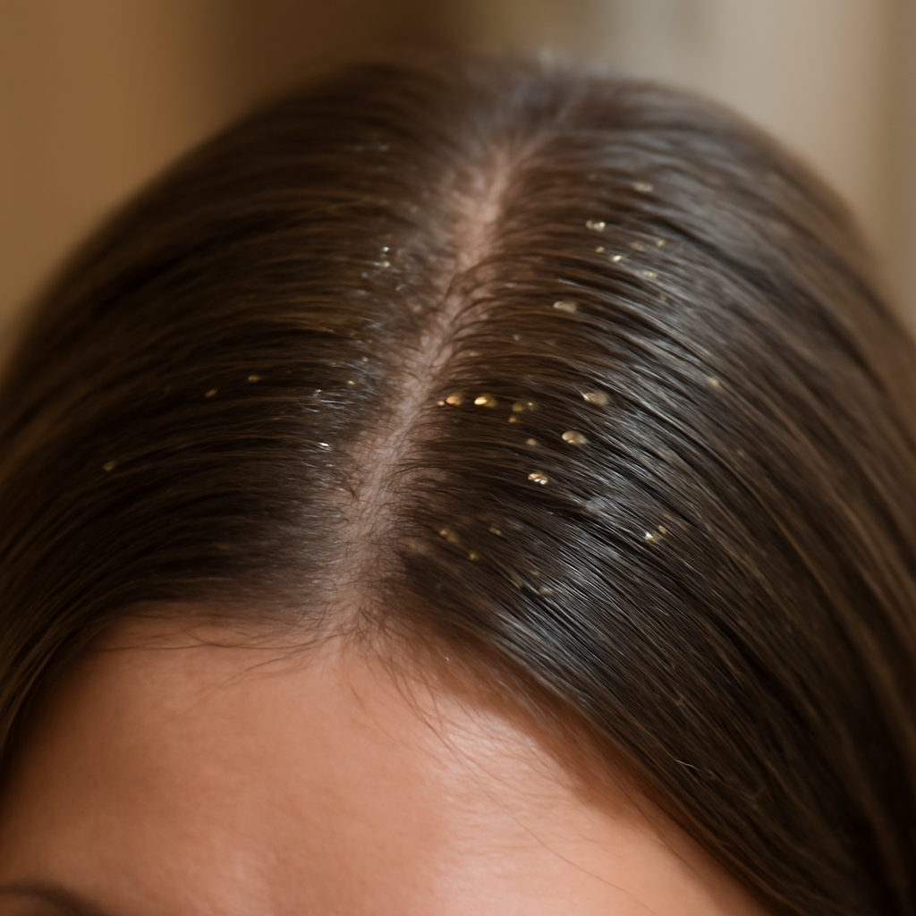 Close‑up of a woman's scalp after applying a clear, amber‑tinged caffeine and biotin serum, droplets glistening on healthy hair follicles. Alt: Natural caffeine and biotin serum applied to scalp showing healthy hair growth cues