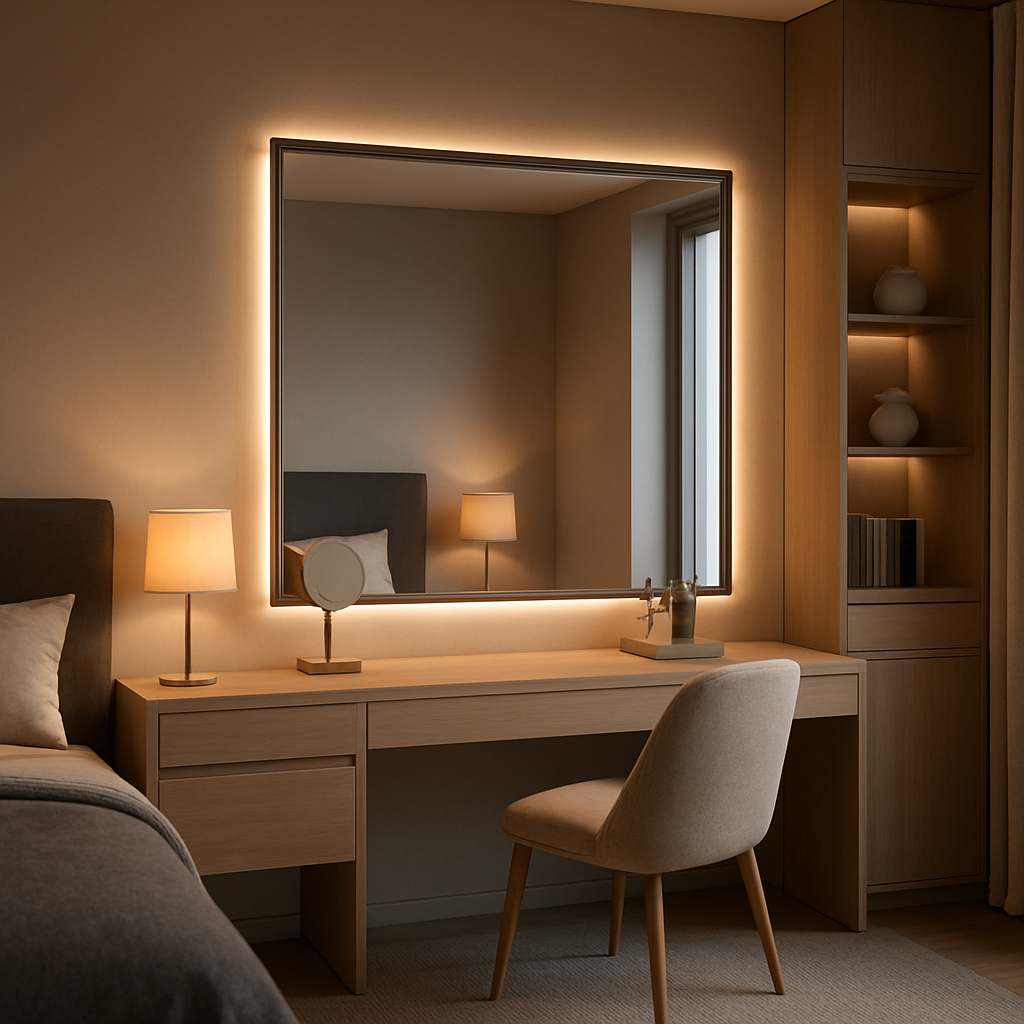 A modern bedroom featuring a spacious dressing table with a large mirror, built‑in storage, and subtle lighting. Alt: Comfortable dressing table setting in a contemporary bedroom.