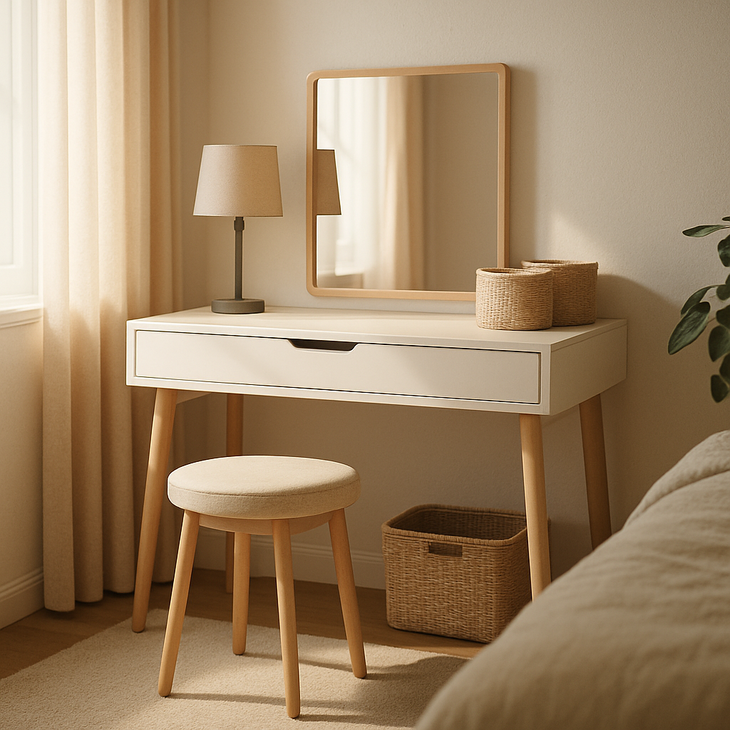 A modern, budget‑friendly dressing table set up in a sunlit bedroom, featuring a clean-lined vanity with a small mirror, minimalist storage baskets, and a subtle lamp, showcasing how affordable pieces can create a polished look. Alt: Affordable dressing table in a bright bedroom.