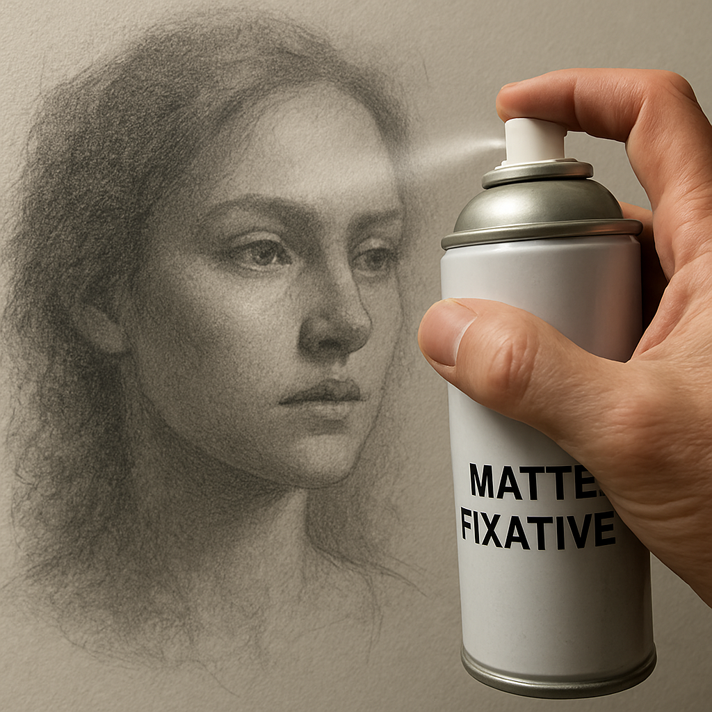 A close‑up of an artist’s hand spraying a matte fixative over a detailed graphite portrait, with soft lighting highlighting the fine mist and textured paper. Alt: Spray fixative for pencil drawings, matte finish, fine mist application.